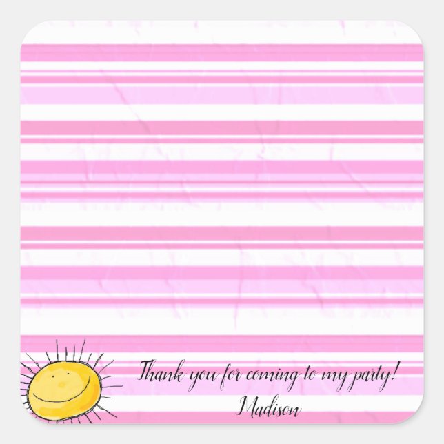 Square Stickers Pink & White Stripe Happy Sun  (Front)