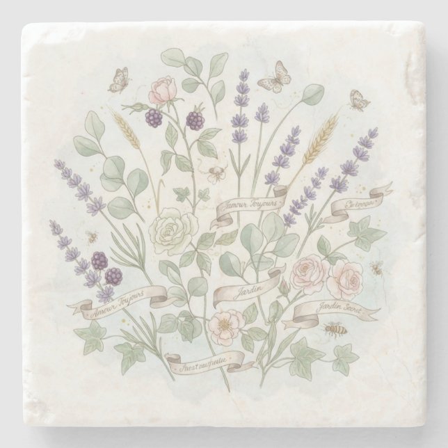 Square Stone Coaster – Botanical Watercolor (Front)