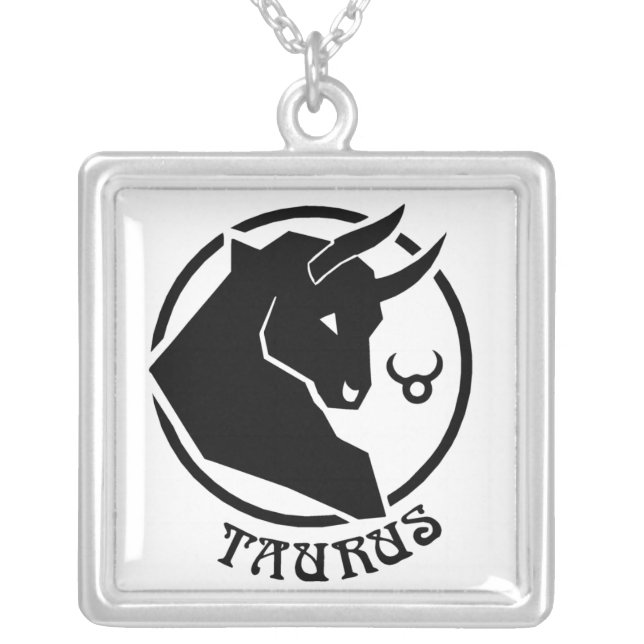 Square Taurus Zodiac Sign Silver Plated Necklace (Front)