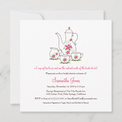Square Tea Set Bridal Shower Invitations, Pink
