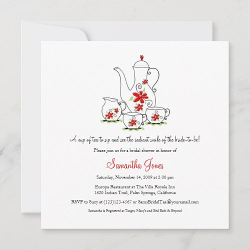 Square Tea Set Bridal Shower Invitations, Red