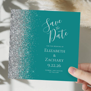 Square Teal Blue Silver Glitter Save the Date Announcement