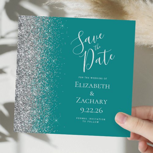 Square Teal Blue Silver Glitter Save the Date Announcement