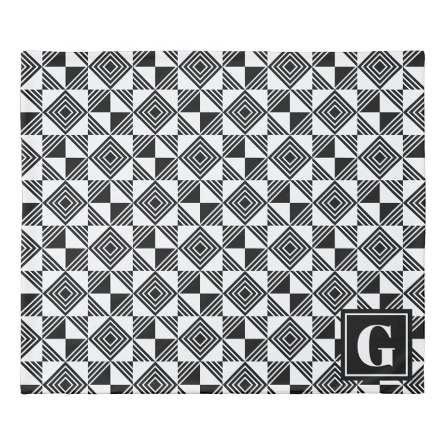 Square Triangle Geometric Black White Monogram Duvet Cover (Back)