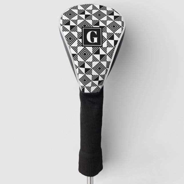 Square Triangle Geometric Black White Monogram Golf Head Cover (Front)