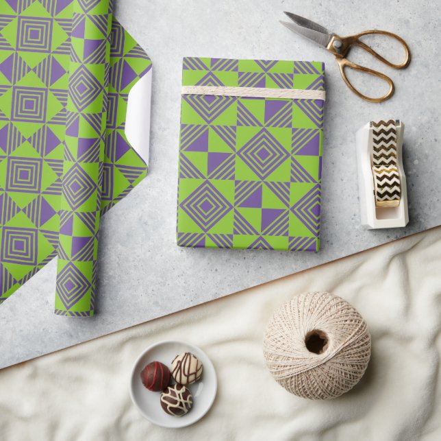 Square Triangle Geometric Green Purple Pattern Wrapping Paper (Crafts)