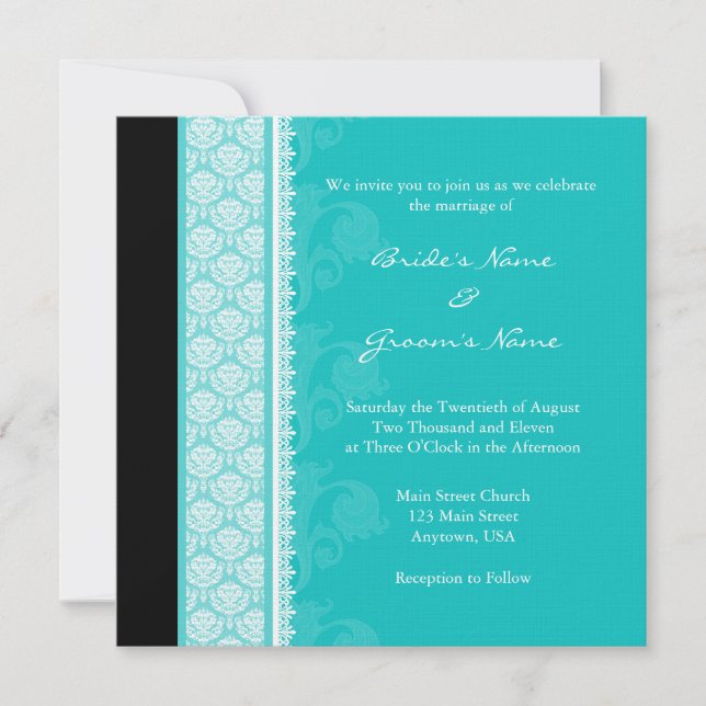 Square Turquoise Damask Wedding Invitations (Front)