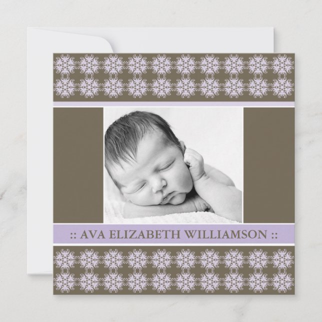 Square Victorian Lilac Designer Birth Announcement (Front)