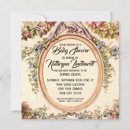 Square Vintage French Watercolor Roses Floral Vine Invitation