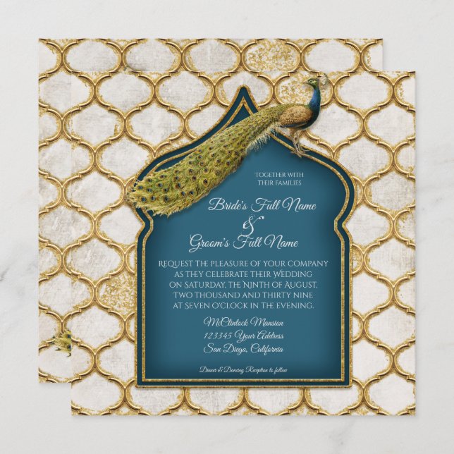 Square Vintage Peacock Arabesque Gold Wedding Invitation (Front/Back)