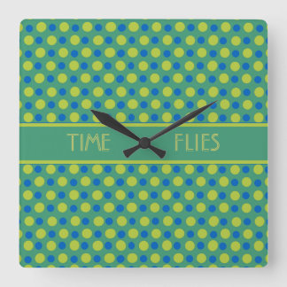 Square Wall Clock, Blue, and Green Polka Dots Clock