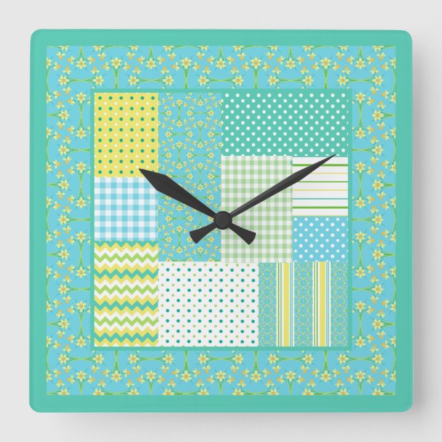Square Wall Clock: Daffodil Faux-Patchwork Clock (Front)