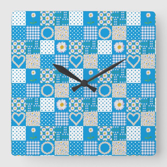 Square Wall Clock: Daisy Chains, Faux Patchwork Square Wall Clock (Front)