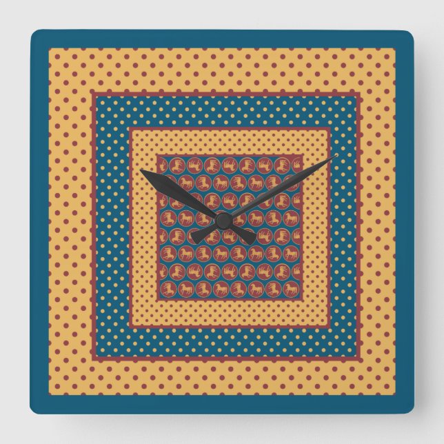 Square Wall Clock, Gold-effect Horses, Polka Dots Square Wall Clock (Front)