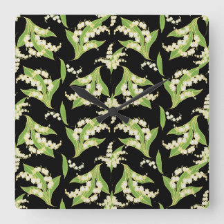 Square Wall Clock: Lilies of the Valley on Black Square Wall Clock
