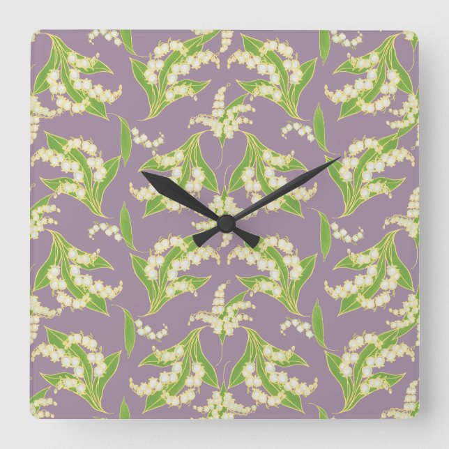Square Wall Clock: Lilies of the Valley on Mauve Clock (Front)