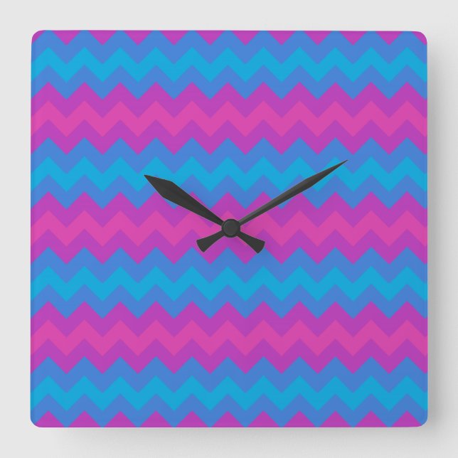 Square Wall Clock:  Magenta, Purple, Blue Chevrons Clock (Front)