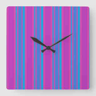 Square Wall Clock:  Magenta, Purple, Blue Stripes Clock
