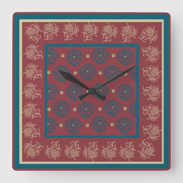 Square Wall Clock, Maroon, Blue Floral Square Wall Clock (Front)