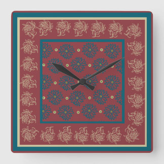 Square Wall Clock, Maroon, Blue Floral Square Wall Clock