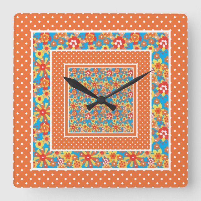 Square Wall Clock, Orange Floral and Polka Dots Square Wall Clock (Front)