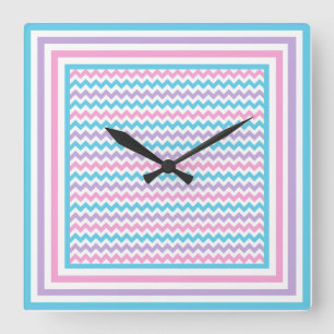 Square Wall Clock, Pink, Mauve, Turquoise Chevrons Clock