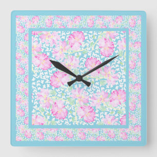 Square Wall Clock, Pink Roses, White Butterflies Clock