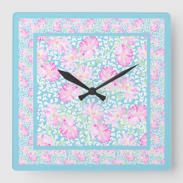 Square Wall Clock, Pink Roses, White Butterflies Square Wall Clock (Front)