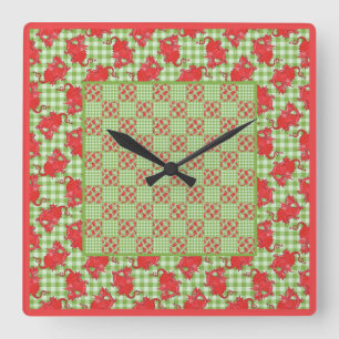 Square Wall Clock: Red Dragons on Green Gingham Clock