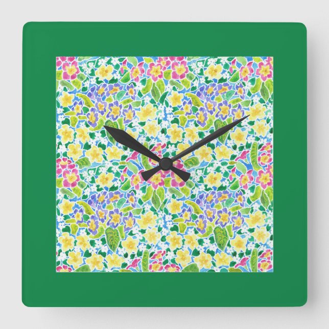 Square Wall Clock, Spring Primroses, Forest Green Clock (Front)