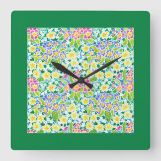 Square Wall Clock, Spring Primroses, Forest Green Clock