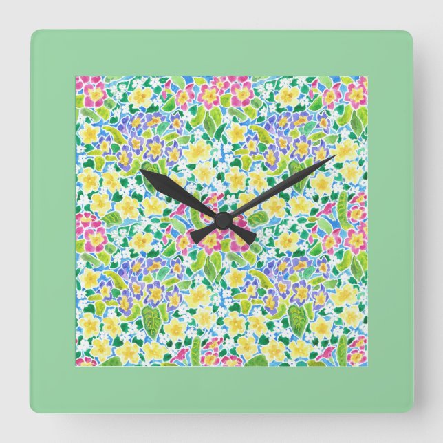 Square Wall Clock, Spring Primroses, Mint Green Clock (Front)