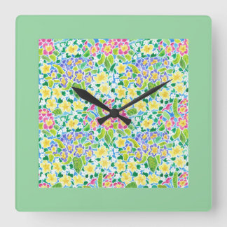 Square Wall Clock, Spring Primroses, Mint Green Clock