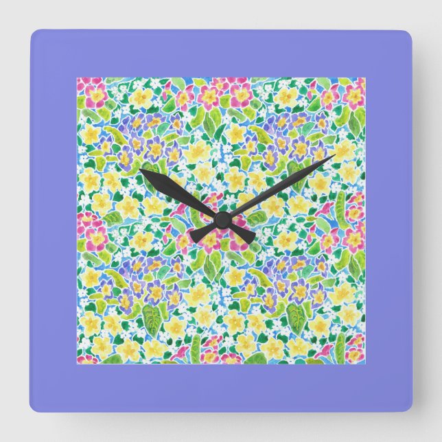 Square Wall Clock, Spring Primroses, Powder Blue Clock (Front)
