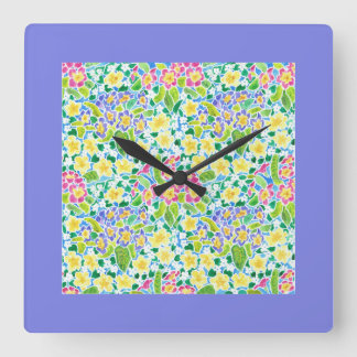 Square Wall Clock, Spring Primroses, Powder Blue Clock