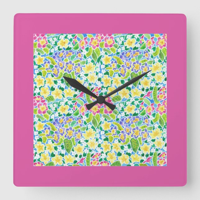 Square Wall Clock, Spring Primroses, Pretty Pink Clock (Front)