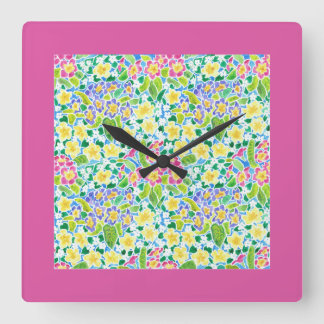 Square Wall Clock, Spring Primroses, Pretty Pink Square Wall Clock