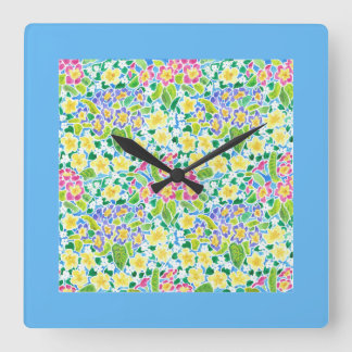 Square Wall Clock, Spring Primroses, Sky Blue Clock