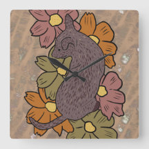 Square wall clock with dog and flower design