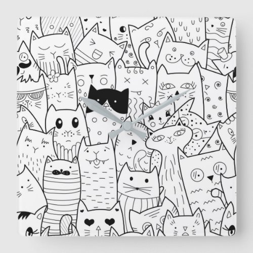 Square Wall Clock with doodle cats