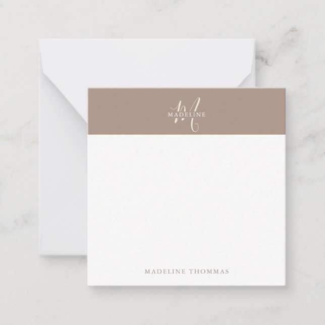Square Warmth Beige Monogrammed Script Note Card (Front)