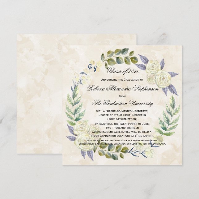 Square Watercolor Flower Wreath College Graduation Invitation (Front/Back)