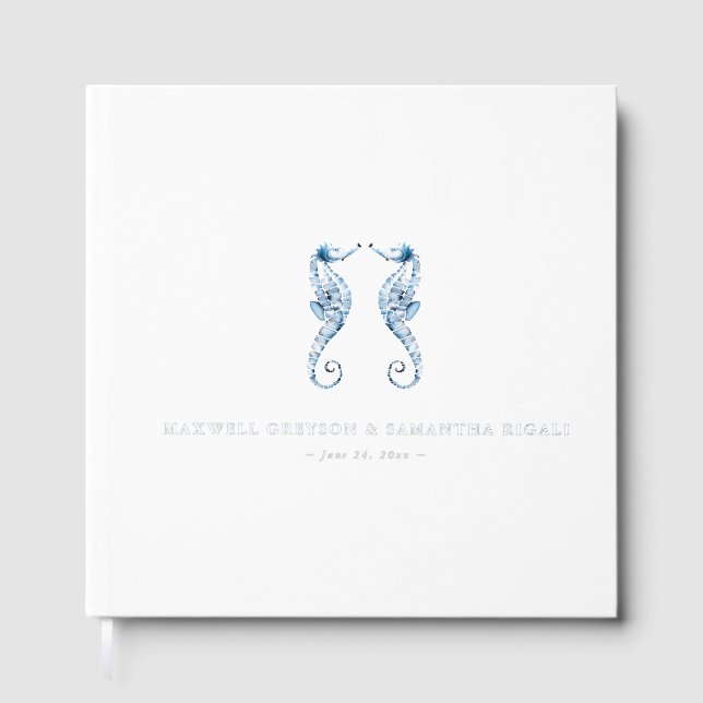 Square Wedding Guest Books Watercolor Seahorses (Front)