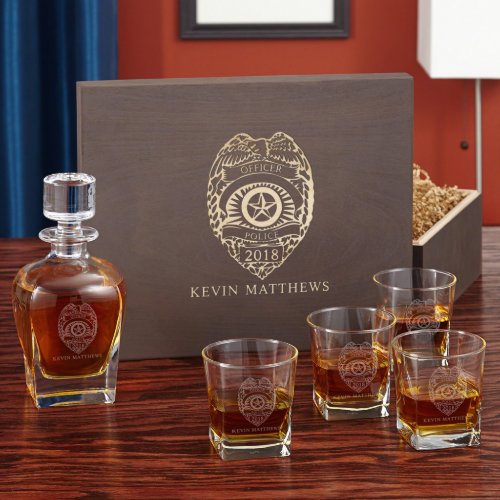 Square Whiskey Glass Set and Police Badge Decanter