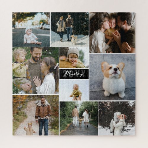 Square White Black Year Family Name Photo Collage Jigsaw Puzzle