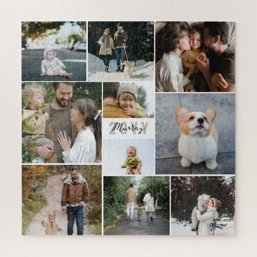 Square White Gray Year Family Name Photo Collage Jigsaw Puzzle