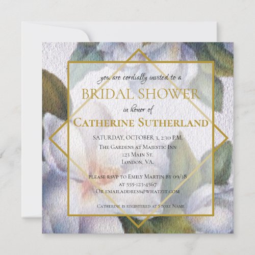Square White Magnolia Watercolor Bridal Shower Invitation