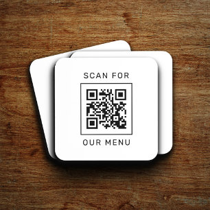 Square White Scan For Our Menu QR Code Beverage Coaster