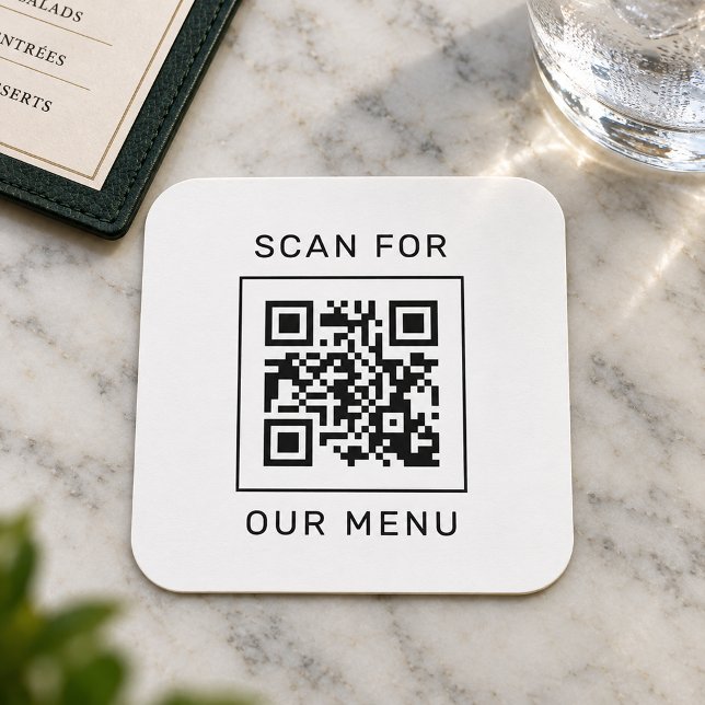 Square White Scan For Our Menu QR Code Paper Coaster (Creator Uploaded)