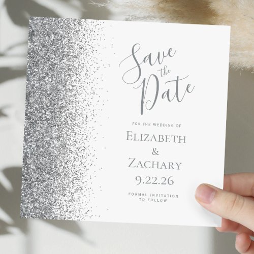 Square White Silver Glitter Save the Date Announcement